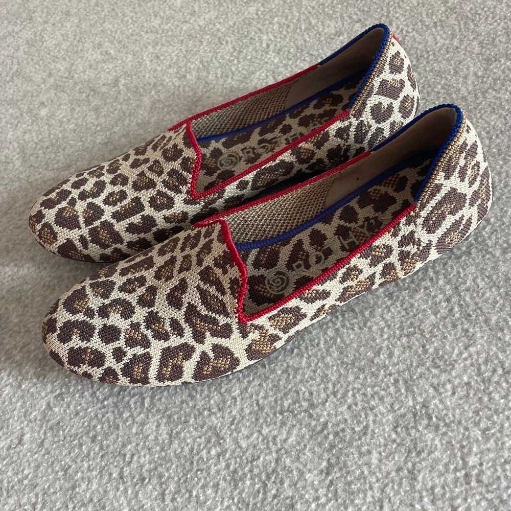 Rothys The Loafer Mocha Spot Retired Knit Flats Red Trim Womens Size 8 - Picture 2 of 7
